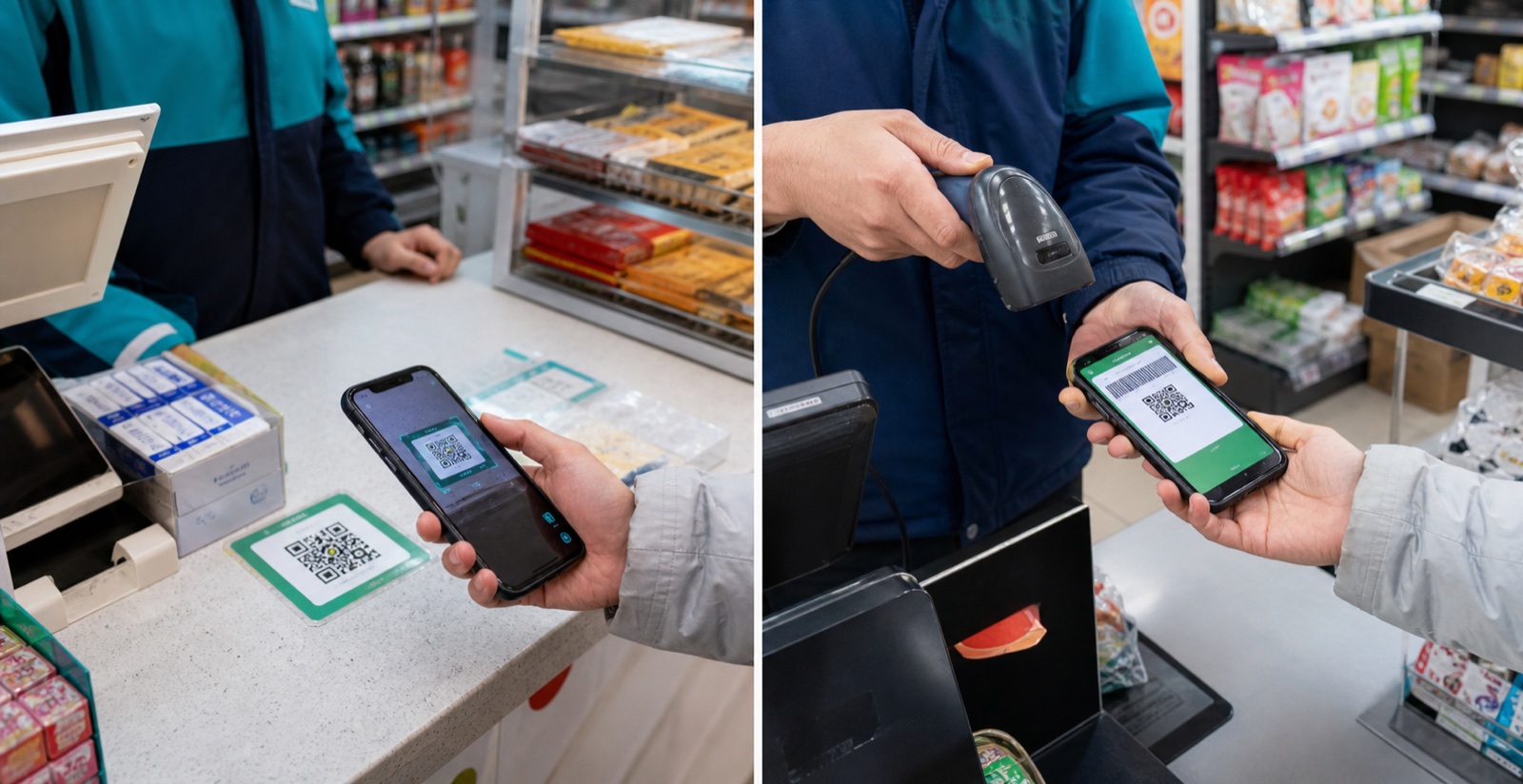 Editorial illustration comparing a traveler scanning a merchant QR code with a cashier scanning a payment code on the traveler's phone