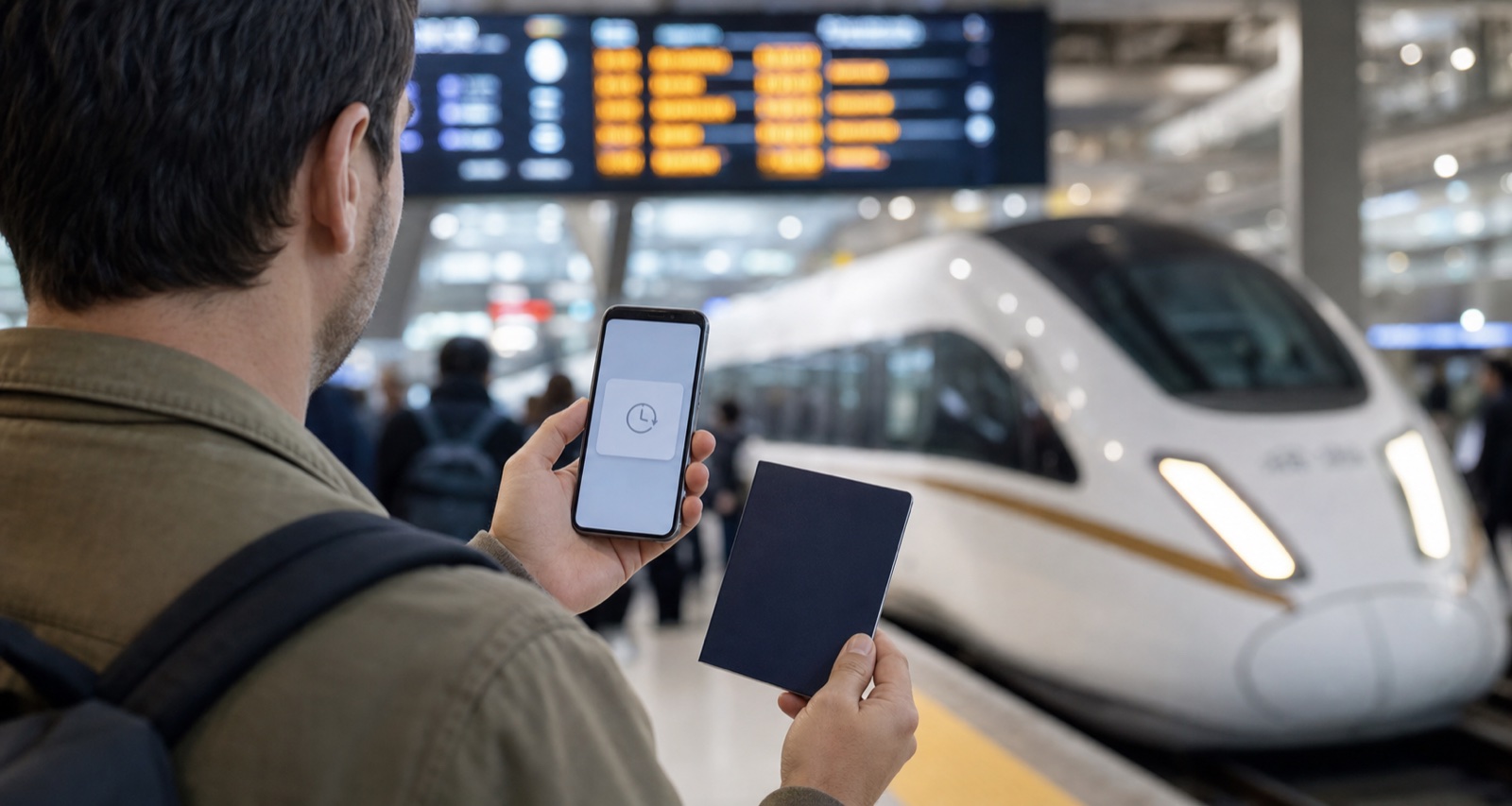 Editorial illustration of a traveler checking a pending booking on a phone while holding a generic passport at a China high-speed railway station